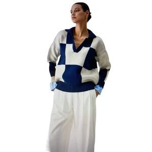 Color Block Collared Oversized Long Sleeve Knit Sweater Large